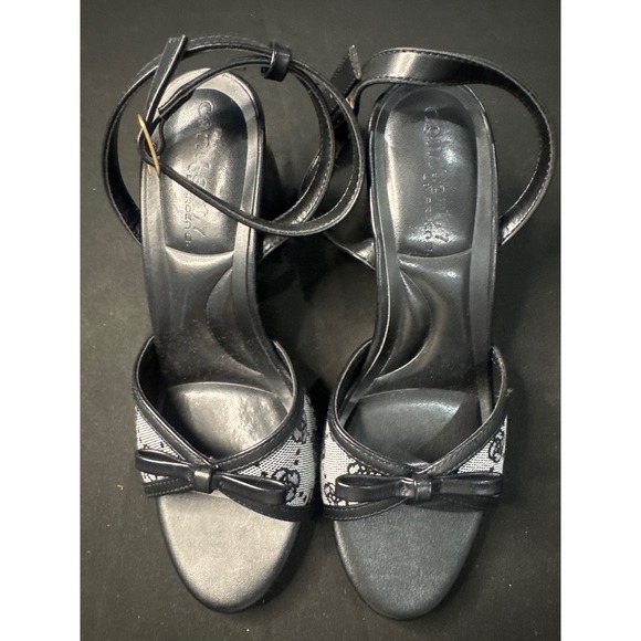 Arden B Shoes - Arden B Black Monogram Signature Canvas Block Heel Sandals Bow Detail
